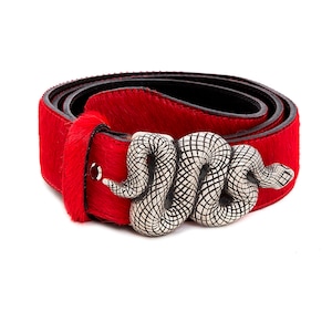 Red Belt for Women, Leather Belt with Snake Buckle, Hair on Hide Fashion Accesory, Unique Boho Gift for Her