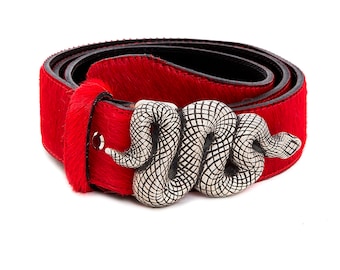 Red Belt for Women, Leather Belt with Snake Buckle, Hair on Hide Fashion Accesory, Unique Boho Gift for Her