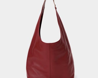 Burgundy Leather Bag, Slouchy Hobo Shoulder Purse, Soft Red Handbag for Women