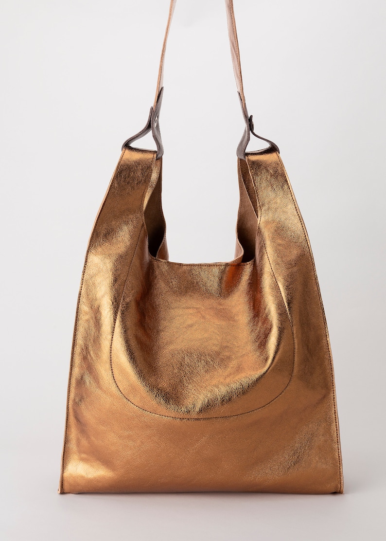 Gold Leather Tote, Metallic Leather Bag, Golden Tote Bag, Gold Leather Shoulder Bag for Women, Genuine Leather Tote, Gift for Mom Bronze