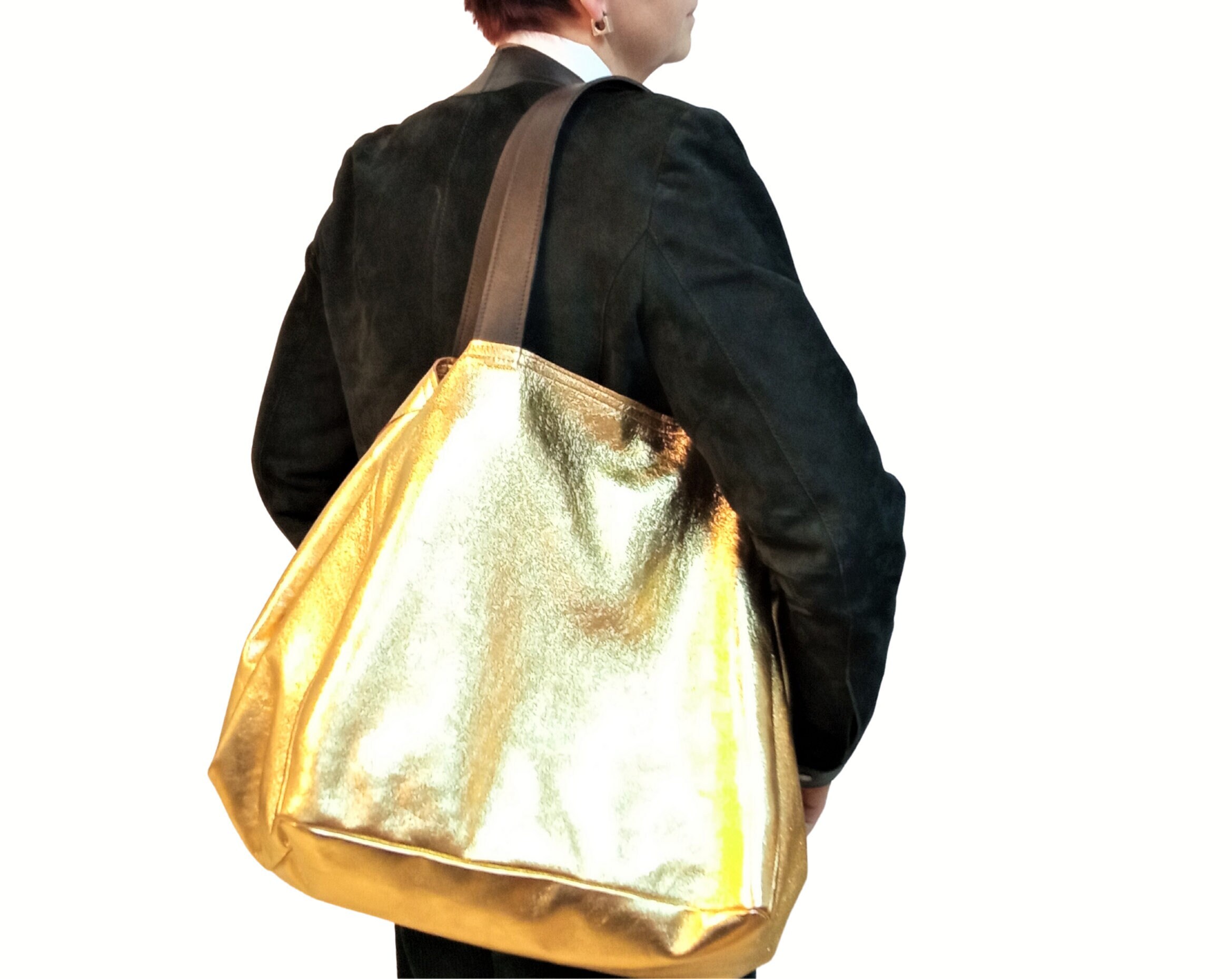 Gold Leather Bag for Women Extra Large Tote Bag Slouchy Hobo Bag