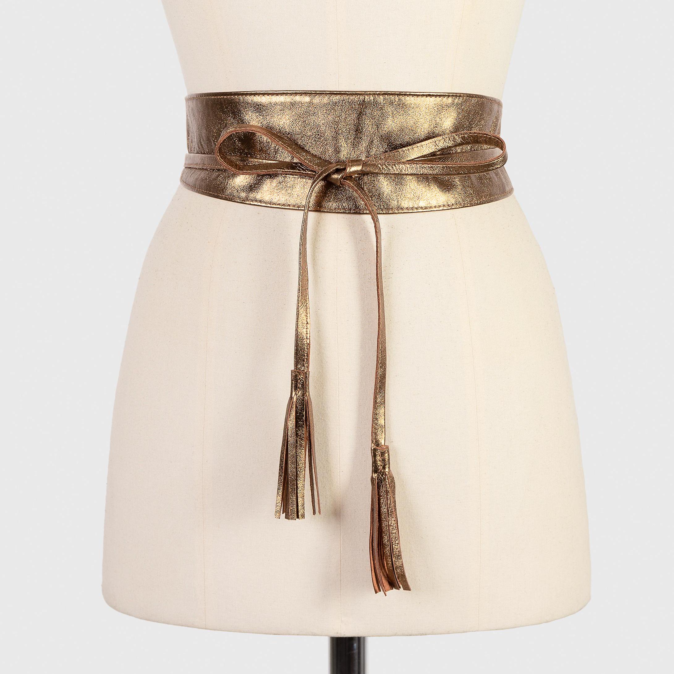 Gold Metallic Leather Obi Belt With Tassels, Wide Waist Belt  display picture 3
