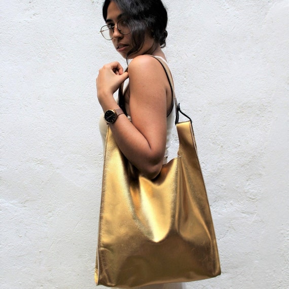 Silver Leather Bag, Metallic Leather Tote Bag, Leather Hobo