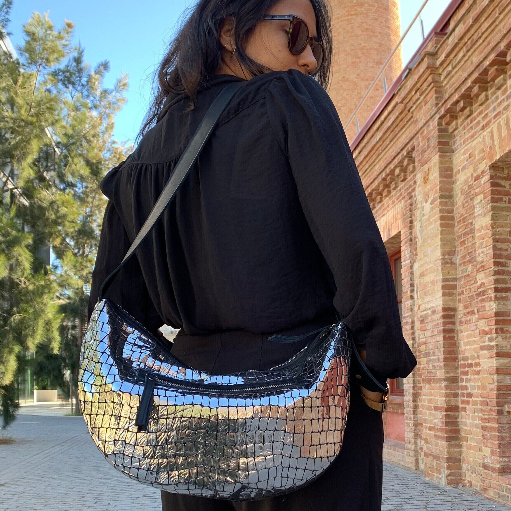 Silver Crossbody Bag Sparkly Crescent Bag Slouchy Hobo Bag With