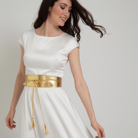 Gold Metallic Leather Obi Belt with Tassels, Wide Waist Belt