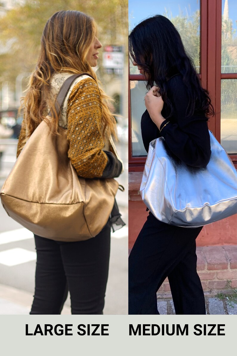 May include: Two women are shown wearing different sizes of a gold and silver tote bag. The woman on the left is wearing a gold tote bag and the woman on the right is wearing a silver tote bag. The text "LARGE SIZE" and "MEDIUM SIZE" is shown below the women.