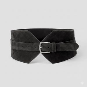 May include: A wide black suede belt featuring a structured, angular design with a pointed front panel. The belt includes a narrow horizontal strap across the center, secured by a matte silver-toned metal buckle and a matching leather keeper loop.