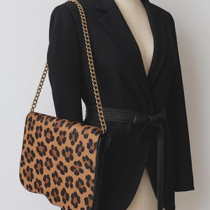 Leopard Print Clutch Bag with Chain Strap, Large Hair-on-Hide Leather Purse, Handmade Animal Print Shoulder Bag, Unique Gift for Wife