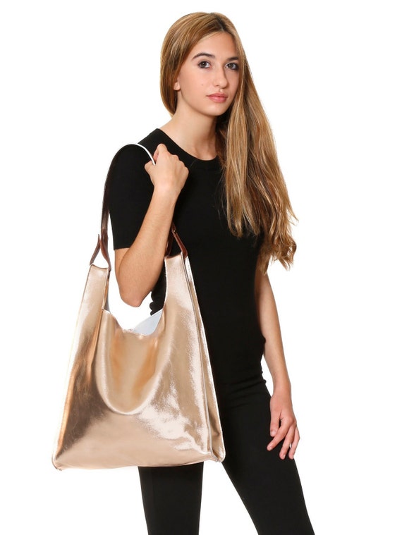 Silver Leather Bag, Metallic Leather Tote Bag, Leather Hobo