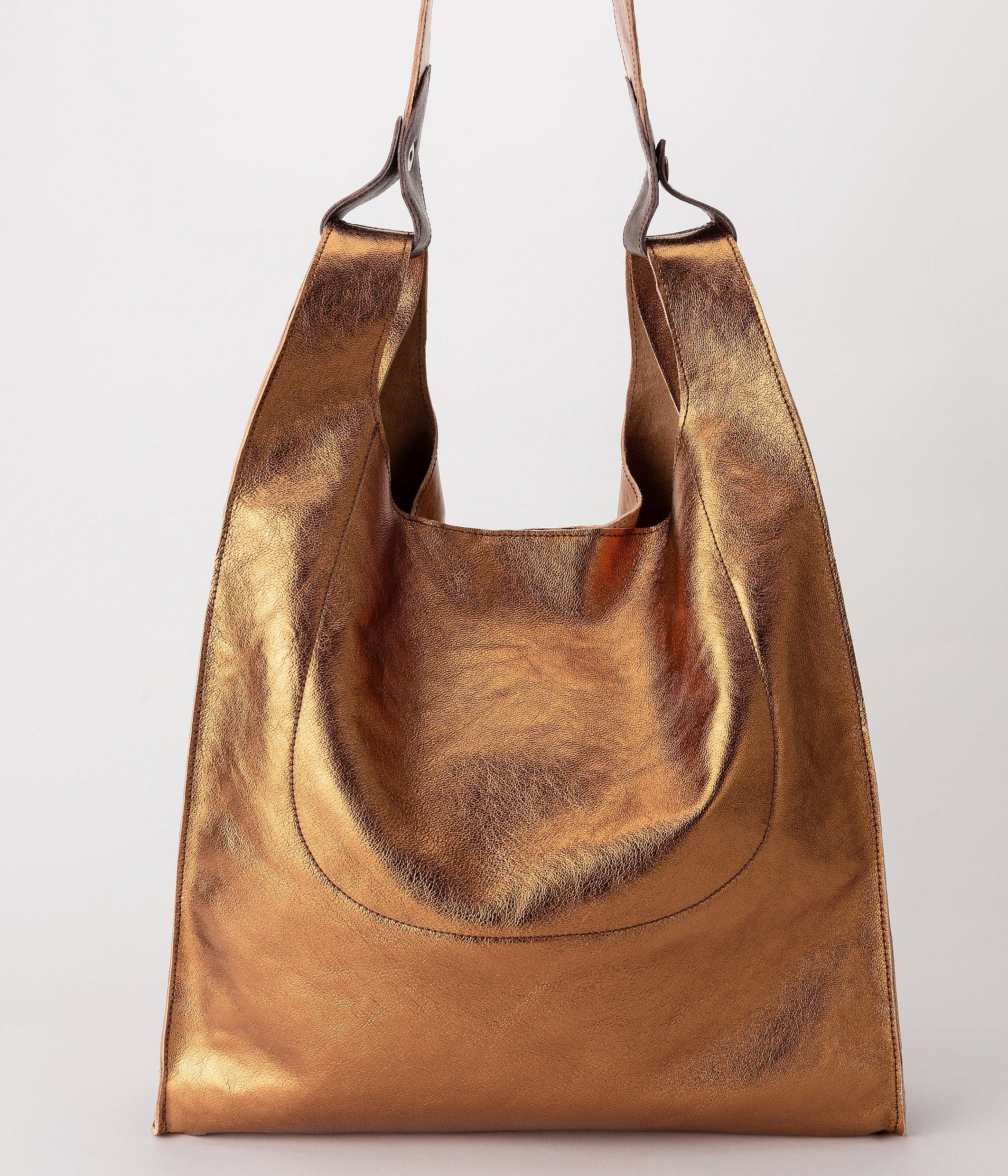 Gold Leather Tote, Metallic Leather Bag, Golden Tote Bag