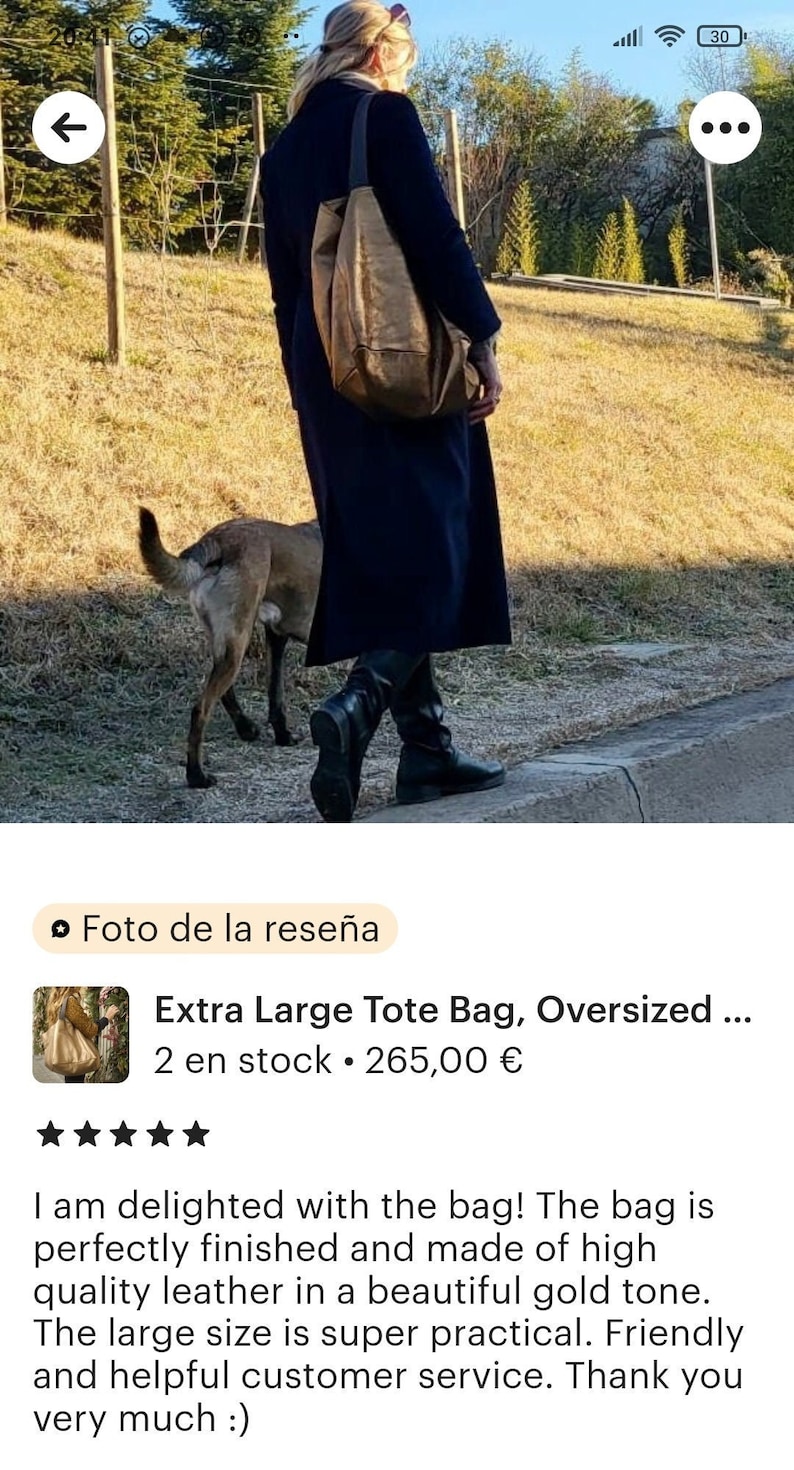Puede incluir: Un bolso tote grande de cuero marr&oacute;n con una abertura ancha y un asa corta. El bolso lo lleva una persona que camina con un perro por un sendero.