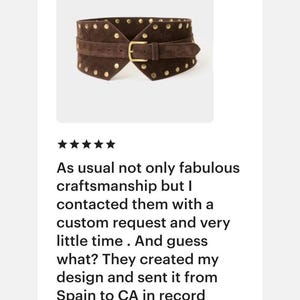 May include: A wide dark brown suede belt featuring a series of metallic gold studs along the top and bottom edges. The belt includes a central gold-toned metal buckle and a matching prong for closure, designed with a structured, wrap-around shape.