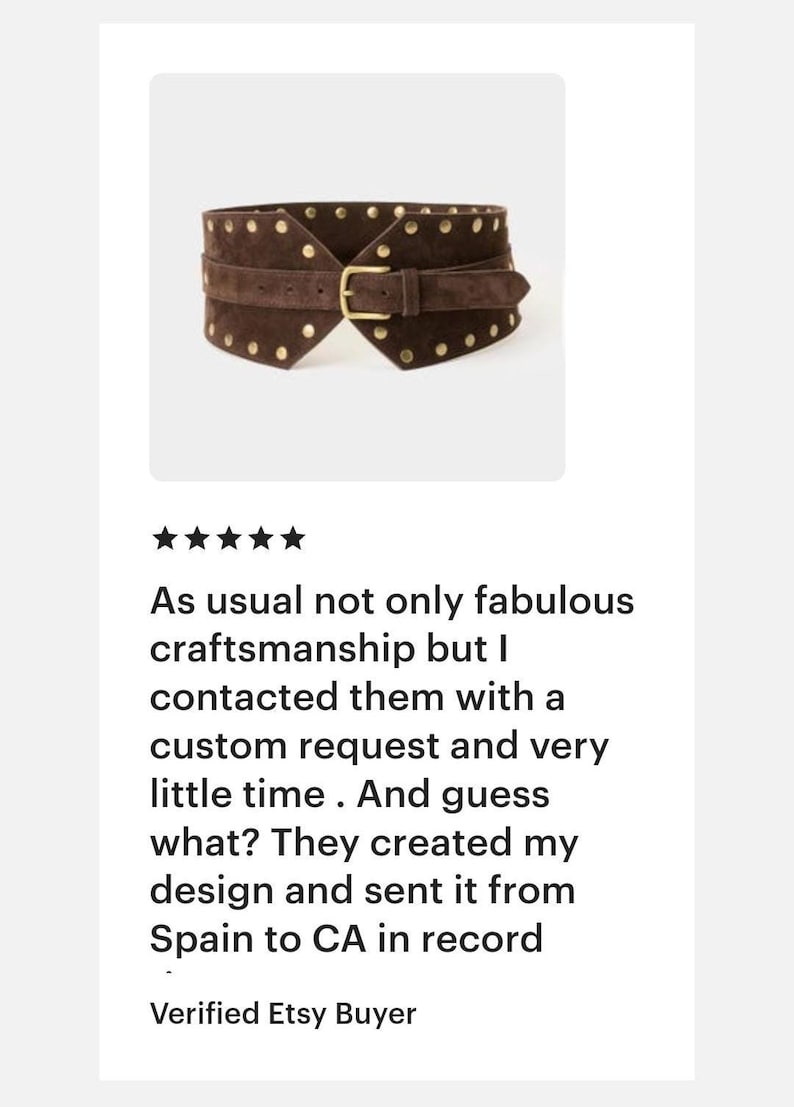 May include: A wide dark brown suede belt featuring a series of metallic gold studs along the top and bottom edges. The belt includes a central gold-toned metal buckle and a matching prong for closure, designed with a structured, wrap-around shape.