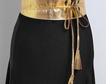 Gold Statement Obi Belt with Tassels, Boho Metallic Leather Sash Belt for Dresses