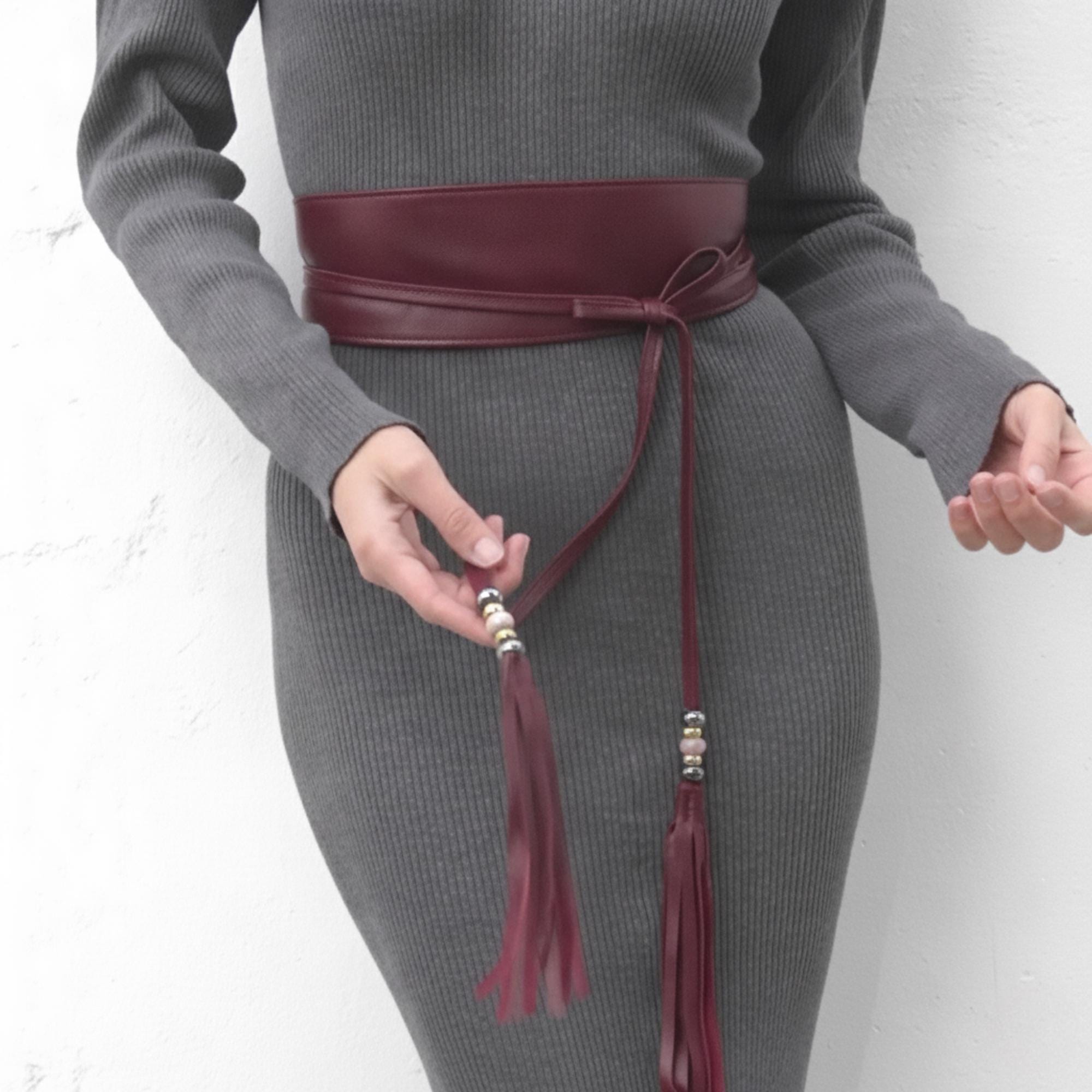 burgundy belt for dress Tassel Leather Obi With Crystal Beads, Handmade Wide Statement Wrap Women An effortless A-Line bridesmaid Doen This belt is a Size:AU6 - (US2)
