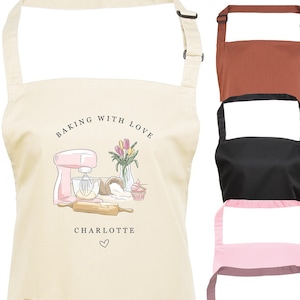 Personalised Apron Any name Baking Chef Ladies Women Kitchen Gift For Her Pink Mixer  -  Baking With Love -Choice of colours