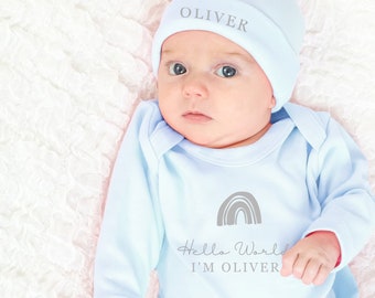 Hello World Personalised Baby Romper Set with Hat Blue  Baby boy Baby grow Sleepsuit New Baby Baby Announcement Baby Shower