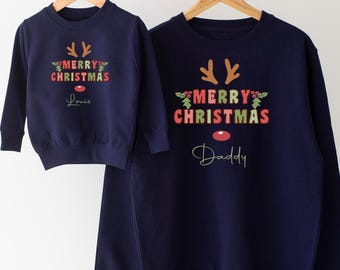 Personalised Family Matching Christmas Sweatshirt Novelty Jumper Baby Child Adult Mum Dad More Colours Reindeer Ears Merry Christmas
