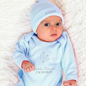 Hello World Personalised Baby Romper Set with Hat Blue  Baby boyBaby grow Sleepsuit New Baby Baby Announcement Baby Shower