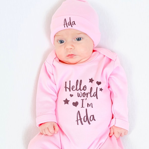 Hello World Personalised Baby Romper Set with Hat Baby girlBaby grow Sleepsuit New Baby Baby Announcement Baby Shower