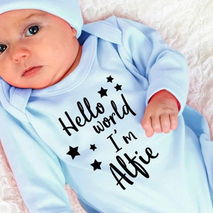 Hello World Personalised Baby Romper Set with Hat Blue Baby boyBaby grow Sleepsuit New Baby Baby Announcement Baby Shower