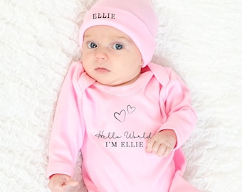 Hello World Personalised Pink Baby Romper Set with Hat Baby girl HeartsBaby grow Sleepsuit New Baby Baby Announcement Baby Shower