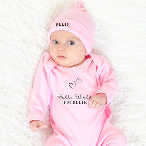 Hello World Personalised Pink Baby Romper Set with Hat Baby girl HeartsBaby grow Sleepsuit New Baby Baby Announcement Baby Shower