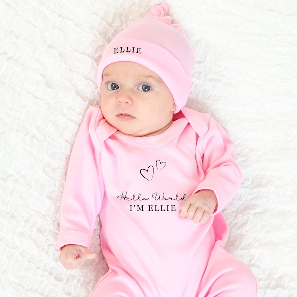 Hello World Personalised Pink Baby Romper Set with Hat Baby girl HeartsBaby grow Sleepsuit New Baby Baby Announcement Baby Shower