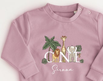 Personalised Safari Sweatshirt any name and age Birthday Gift Safari theme all year sweatshirt Pink