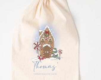 Personalised Christmas Eve Christmas Day Sack Gift Gingerbread  Blue theme