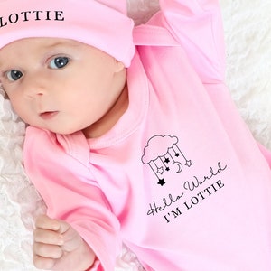 Hello World Personalised Pink Baby Romper Set with Hat Baby girlBaby grow Sleepsuit New Baby Baby Announcement Baby Shower