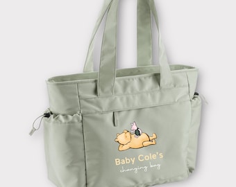 Personalised Classic Winnie the Pooh Baby Bag- Hospital Bag- Baby Changing Bag- Pram Bag- Baby Organiser- Soft Green - Unisex - More Colours