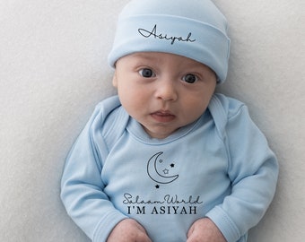 Personalizado Salaam World Babygrow y sombrero -Baby grow - Traje - Sleepsuit - Romper New Baby Baby Announcement Baby Shower Pale Blue set
