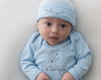 Personalised Salaam World Babygrow and Hat -Baby grow - Suit - Sleepsuit - Romper New Baby Baby Announcement Baby Shower Pale Blue set