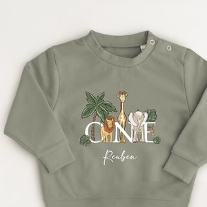 Personalised Safari Sweatshirt any name and age Birthday Gift Safari theme all year sweatshirt Khaki