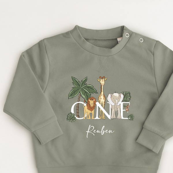 Personalised Safari Sweatshirt any name and age Birthday Gift Safari theme all year sweatshirt Khaki