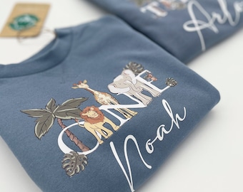 Personalised Safari Sweatshirt any name and age Birthday Gift Safari theme all year sweatshirt Blue