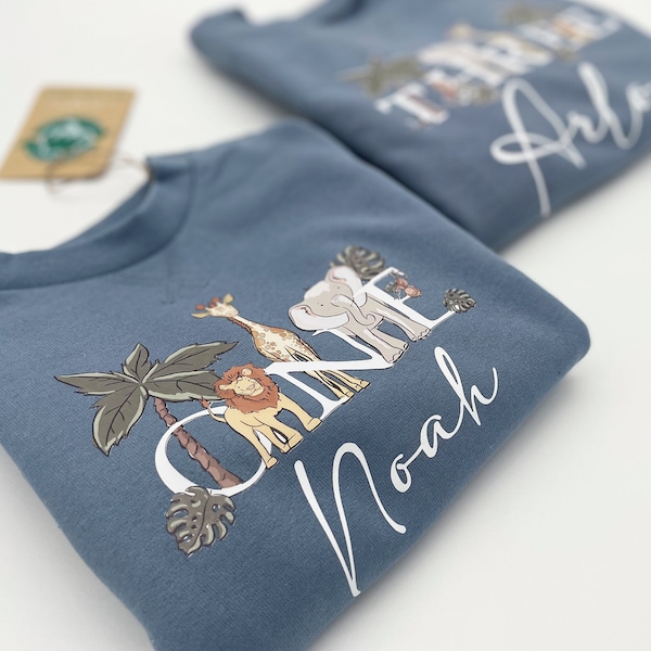 Personalised Safari Sweatshirt any name and age Birthday Gift Safari theme all year sweatshirt Blue