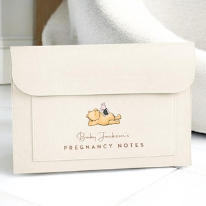 May include: A cream-coloured pregnancy notes folder with a flap closure. The folder features a Winnie the Pooh illustration with Piglet. The text "Baby Jackson's Pregnancy Notes" is printed in brown.