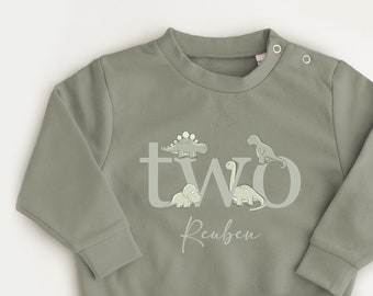 Personalised Dinosaur Sweatshirt any name and age Birthday Gift Dinosaur theme all year sweatshirt Khaki