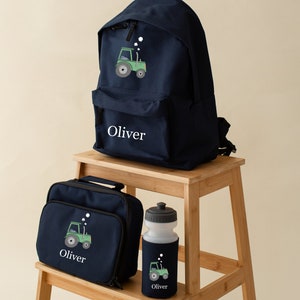 Sac à dos personnalisé avec nom de tracteur, boîte à lunch, ensemble de bouteilles - 2 tailles - couleurs au choix - tracteur vert - ferme - école - crèche