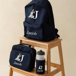 Sac à dos personnalisé en forme de lapin, boîte à lunch, ensemble de biberons - Sac de rentrée pour enfants - 2 tailles - Couleurs au choix - Sac pour bébé - Bleu