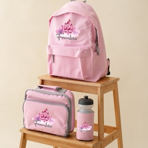 Ensemble personnalisé de sac à dos de château de princesse, bouteille d'eau - sac à dos, 2 tailles - boîte à lunch - ensemble d'école de filles de garçons - différentes couleurs - sac à dos