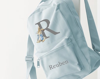 Personalised Rabbit bag and bottle set Rucksack backpack school nursery bag and bottle more colours - Rabbit blue coat