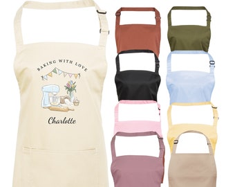 Personalised Apron Any name Baking Chef Ladies Women Kitchen Gift For Her Blue Mixer  -  Baking With Love -Choice of colours