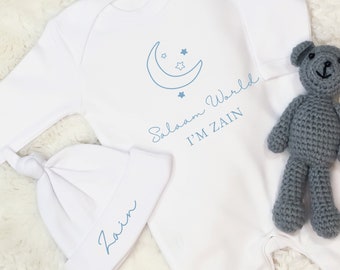 Personalised Salaam World Baby Romper Set with Hat white blue setBaby grow Sleepsuit New Baby Baby Announcement Baby Shower