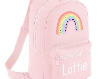 Personalised Rainbow Backpack Rucksack Back to school, nursery, school bag, play school available in pink, blue, black, navy & white
