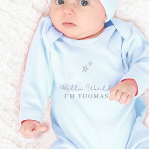 Hello World Personalised Baby Romper Set with Hat Blue  Baby boyBaby grow Sleepsuit New Baby Baby Announcement Baby Shower