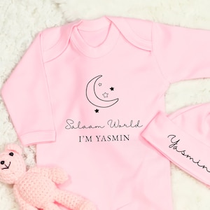 Personalised Salaam World Baby Romper Set with Hat white pink setBaby grow Sleepsuit New Baby Baby Announcement Baby Shower