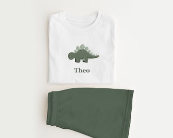 Personalised dinosaur shorts & short sleeve t-shirt summer set girls boys choice of dinosaurs top and shorts set